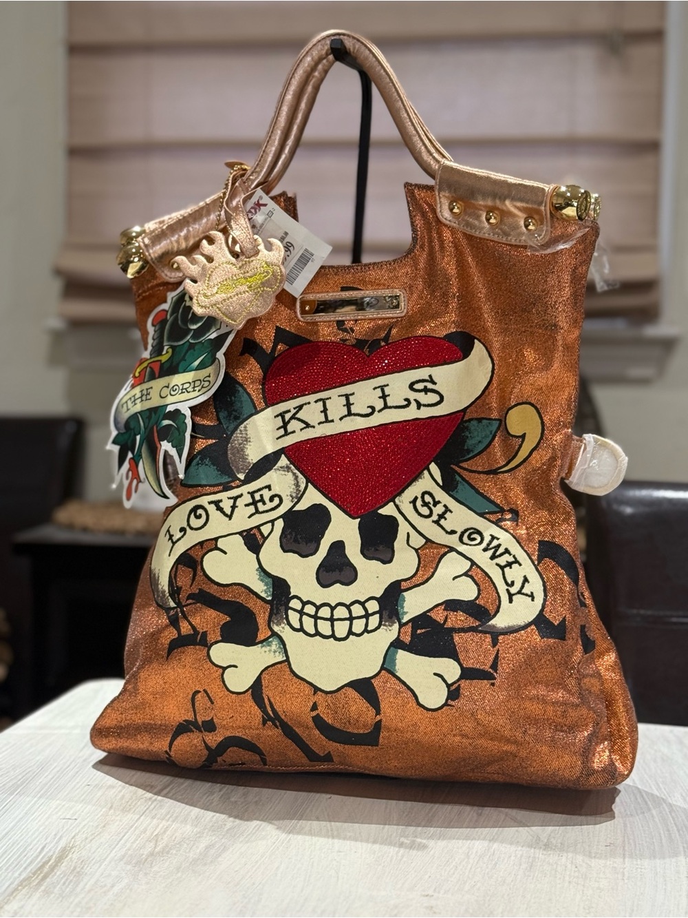 Vintage Ed Hardy Metallic Orange 'Love Kills Slowly' Skull Tote